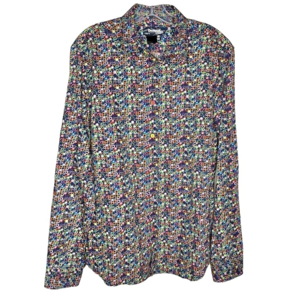 Desigual 100% Cotton Men's Casual Shirt Circles - Multi/Blue - L Regular